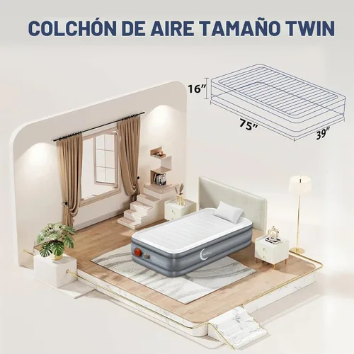 Vista 4 de LunaDream Eclipse Series Colchón de aire individual con bomba integrada recargable por USB, cama inflable inalámbrica, diseño duradero a prueba