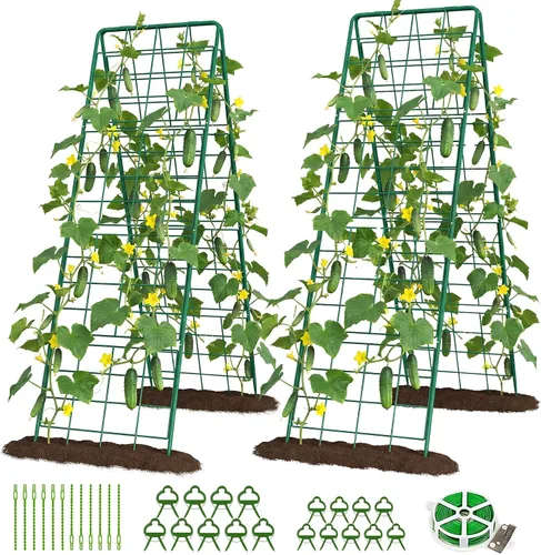 Vista 12 de DoCred Enrejado de jardín de metal con marco en A, 2 unidades, acero recubierto de PVC, perfecto para pepinos, calabaza, guisantes, enredaderas