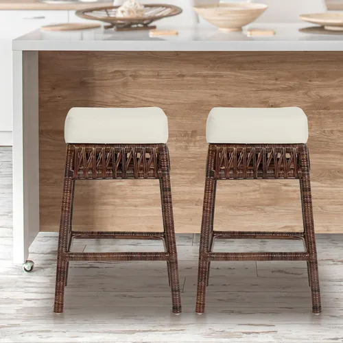 Vista 6 de JONATHAN Y Bali - Taburete de mimbre tejido de 25.6 pulgadas con cojín, taburete bohemio marrón oscuro con reposapiés para isla de cocina, bar