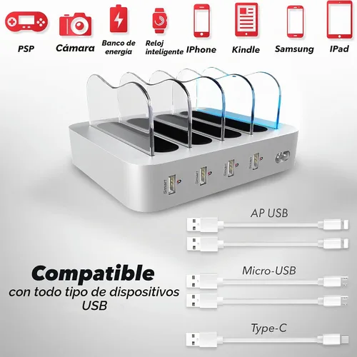 Vista 2 de Estación de carga de 4 puertos - Base de carga rápida para múltiples dispositivos Apple - Estación de carga USB para múltiples dispositivos Plateado
