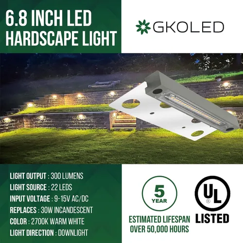Vista 2 de GKOLED Luz Hardscape, luces de pared de pavimentadora, iluminación de paso de 6.8 pulgadas, chips LED integrados de 4 W 2700 K, carcasa de aluminio