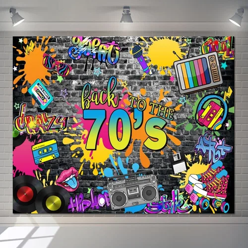Vista 4 de Telón de fondo de los años 70 para fiestas, hip hop, rock, discoteca, fiesta de cumpleaños, fondos de fotos retro, graffiti, fondo de pared