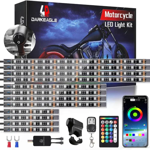 Vista 12 de 8 kits de luces LED RGB segmentadas para motocicleta con control remoto APP/RF, luces subterráneas multicolor con señal de giro de freno, tira