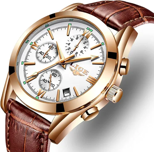 Vista 5 de LIGE Reloj analógico de cuero para hombre, reloj de pulsera de cuarzo, para citas, negocios, casual, impermeable, reloj deportivo, color negro