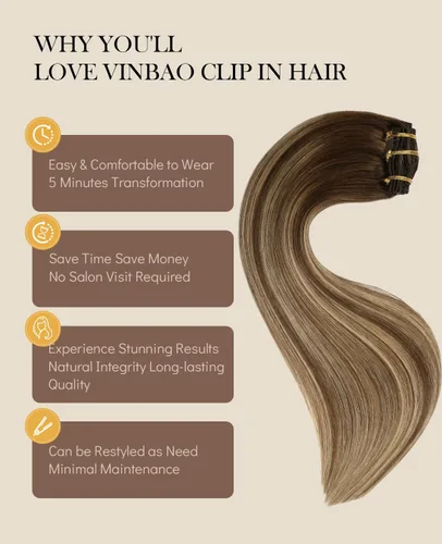 Vista 81 de VINBAO Extensiones de cabello humano con clip, balayage, color marrón ceniza a rubio caramelo, 14 pulgadas, 6 unidades, 3.53 onzas, 6