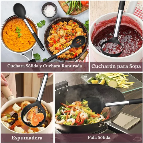 Vista 5 de TeamFar Juego de 8 utensilios de cocina, utensilios de cocina de silicona, con mango de acero inoxidable, para freír, servir, voltear y escurrir,