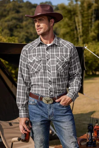 Vista 3 de COOFANDY Camisas vaqueras occidentales para hombre, de manga larga, casual, con botones, con bolsillos