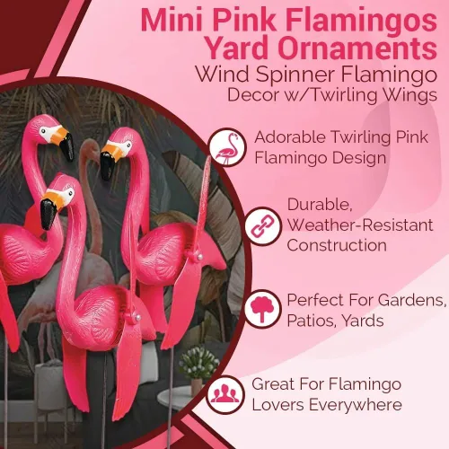 Vista 5 de Fun Express Juego de 6 adornos de mini flamencos rosados para patio, molinillos de viento para exteriores con alas giratorias, regalos de decoración