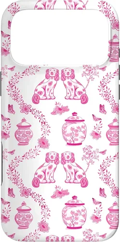 Vista 22 de Preppy - Carcasa para iPhone 16, diseño de perros y tarros de jengibre, color rosa y blanco