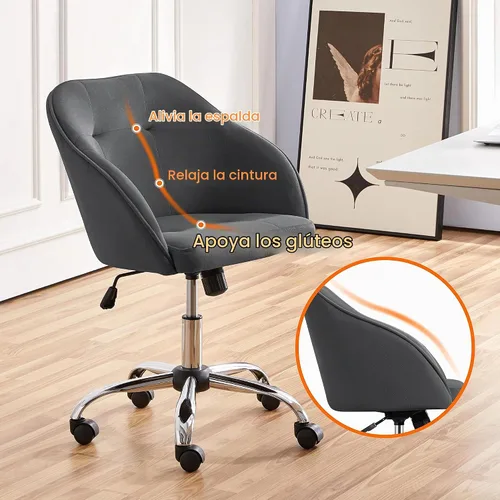Vista 4 de Yaheetech Silla de tocador de terciopelo con ruedas, asiento de maquillaje
