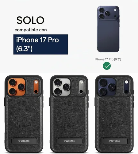 Vista 2 de WTCASE Funda magnética de piel para iPhone 17 Pro, soporte invisible integrado [compatible con Magsafe], funda protectora delgada con función atril