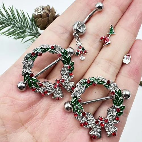 Vista 8 de KUNASSHIR Guirnalda de Navidad 14G, anillos para pezón, joyería de acero quirúrgico 316L, piercings de pezón, joyería de 0.63 pulgadas, Acero