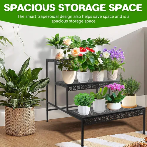 Vista 6 de Soporte de metal para plantas de 3 niveles, soporte para macetas de flores, soporte para plantas escalonadas, organizador de almacenamiento al aire