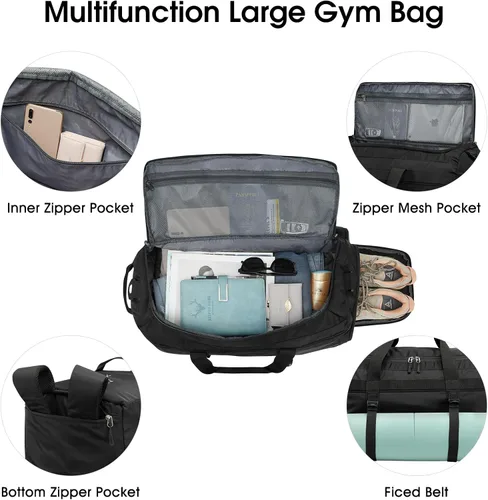 Vista 4 de G4Free Bolsa de gimnasio para mujeres y hombres, mochila de lona de 45 litros con compartimento para zapatos, resistente al agua, bolsa de viaje