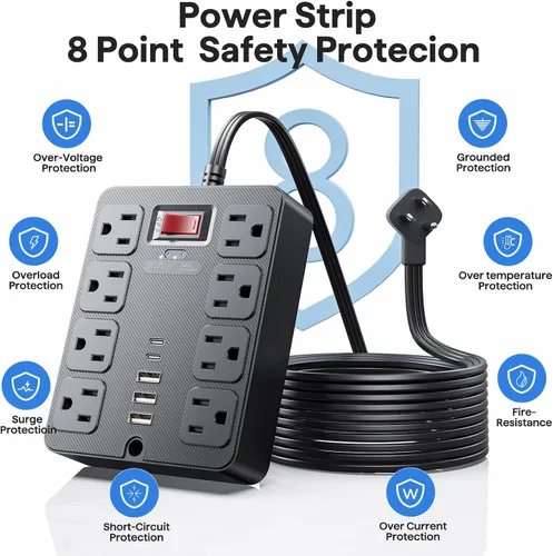 Vista 9 de Tira de alimentación con protector de sobretensiones 13 en 1, enchufe plano, 8 salidas de CA amplias, 3 puertos USB, 1250 W/10 A, cable de extensión