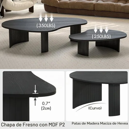 Vista 4 de Hyfirm Juego de mesa de centro anidable irregular negra con patas de madera estriada