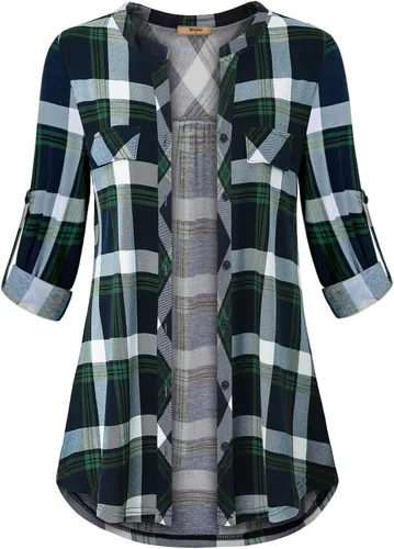 Vista 2 de Miusey Henley - Blusa con cuello en V 34, manga enrollable, con botones