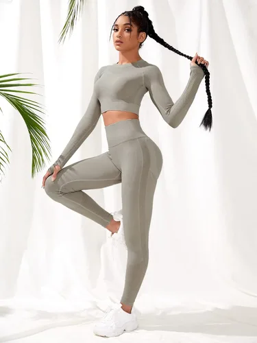 Vista 3 de Milumia Conjunto de entrenamiento de 2 piezas de cintura alta sin costuras para mujer, de manga larga, para ir al trabajo, yoga, talla L