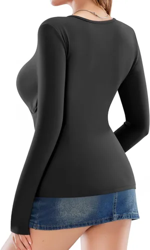 Vista 2 de MANGOPOP Camiseta de manga larga con cuello en V profundo y fruncido para mujer