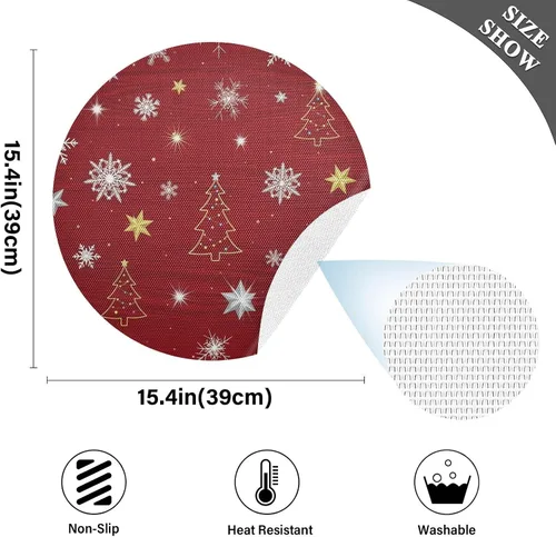 Vista 4 de Mantel individual rojo con copos de nieve blancos, antideslizante, resistente al calor, para cocina, talla 1 x 1