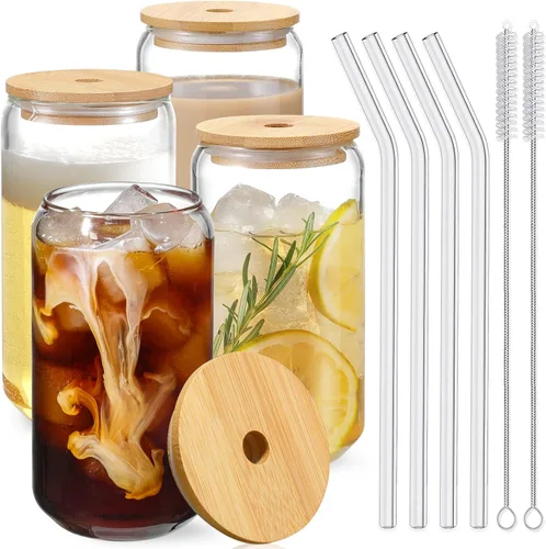 Vista 9 de NETANY Paquete de 1 Vasos de Vidrio con Tapas y Pajitas de Bambú de 16 onzas, Regalos para Mujeres, Juego de Vasos para Beber, Café Helado, Taza