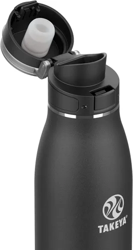 Vista 2 de Takeya Traveler - Taza de café de viaje de acero inoxidable con tapa abatible (25 onzas, ónix) – Taza aislada a prueba de fugas para café y té Ónice