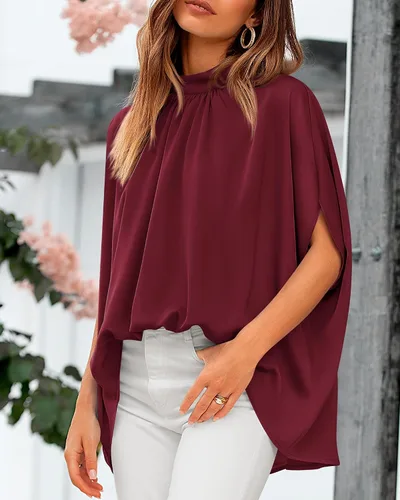 Vista 117 de BTFBM Blusas de verano para mujer, cuello alto falso, manga murciélago, holgadas, dobladillo alto y bajo, blusas informales de gran