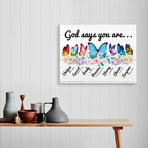 Vista 4 de Lienzo decorativo para pared con texto en inglés "God Says You Are", con versículos bíblicos inspiradores para mujeres y niñas, decoración de pared