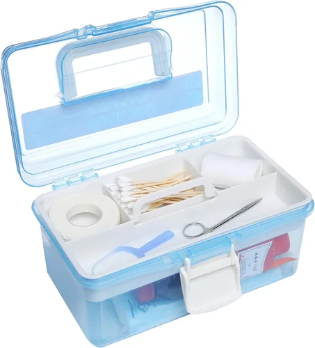 Vista 3 de MyGift Caja de almacenamiento de plástico de 10 pulgadas con bandeja extraíble, organizador de manualidades azul y caja de almacenamiento de arte