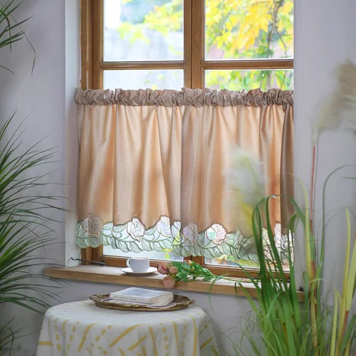 Vista 5 de SUTAVIA Juego de 2 cortinas clásicas de encaje rosa para cocina, cortinas de cafetería, cortinas de satén dorado con bolsillo para barra