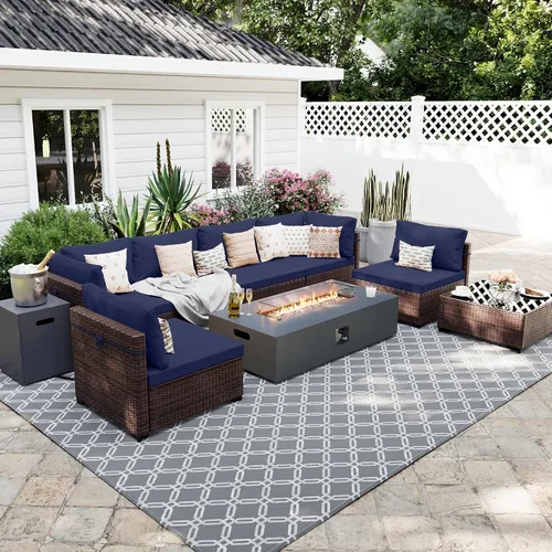Vista 11 de UPHA Juego de muebles de mimbre para patio de 5 piezas con mesa auxiliar Cojín de ratán marrón y beige