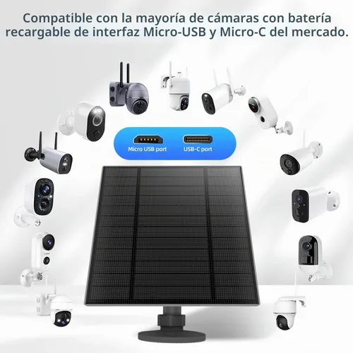 Vista 4 de Panel solar de 5 W para cámara de seguridad, panel solar con puerto micro USB y USB-C para cámara de batería recargable de 5 V CC al aire libre