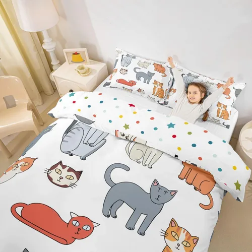 Vista 4 de Feelyou Juego de funda nórdica con estampado de gatos, tamaño individual