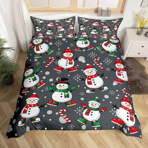 Vista 9 de Juego de ropa de cama de Feliz Navidad, funda de edredón azul con árbol de Navidad para niñas y niños, elegante funda de edredón de copo de nieve
