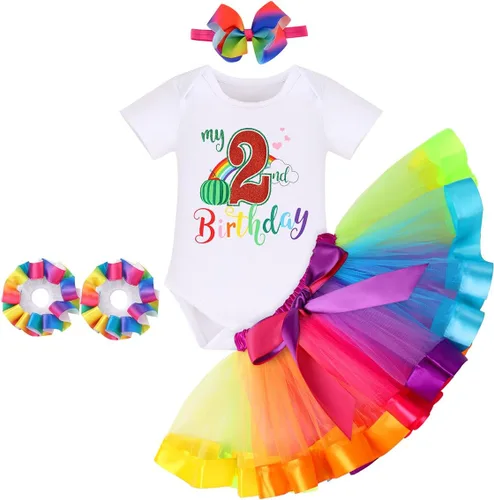 Vista 23 de IBAKOM Conjunto de ropa de 3 piezas para bebé niña de 1er cumpleaños + tutú de tul de princesa arcoíris + diadema con lazo, conjunto de ropa de 3