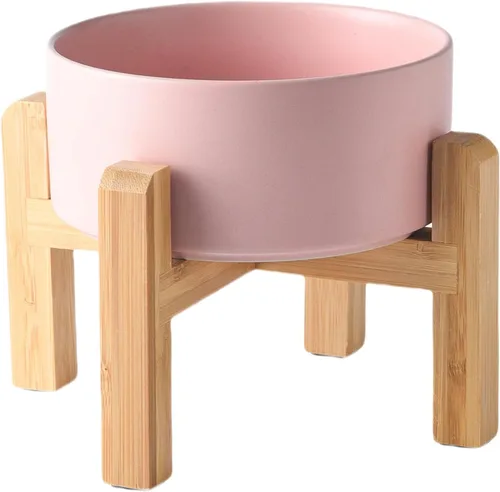 Vista 26 de Cuenco elevado de cerámica de 6 pulgadas para perros – Tazón de comida y agua para perros de 30 onzas con soporte elevado de bambú antideslizante
