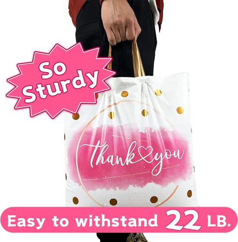 Vista 4 de Thank You Bags - Paquete de 50 bolsas de compras de plástico extra gruesas para pequeñas empresas, boutique, oficina, fiesta (10 x 12 pulgadas)