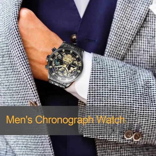 Vista 7 de Mens Watches, Upgraded Gear Design Mens Skeleton Watch, Chronograph Luxury Diamond Dress Business Analog Quartz Wrist Watches for Men, 100fts