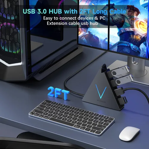 Vista 5 de FlyingVHUB Hub USB 3.0 de 4 puertos, torre concentrador USB con cable extendido de 2 pies, divisor USB para laptop, PC, PS4, PS5, Xbox, mouse