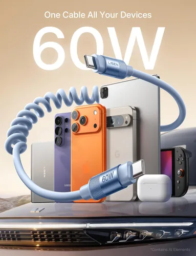Vista 2 de LISEN Cable USB C en espiral corto limpio paquete de 2 unidades de 60 W C a Azul
