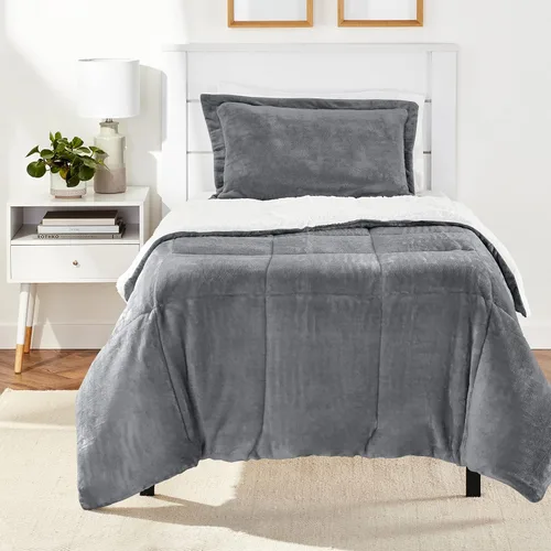 Vista 13 de Amazon Basics - Juego de ropa de cama de 3 piezas, Micromink Sherpa, ultrasuave, edredón cálido para todas las estaciones, tamaño Full/Queen, negro