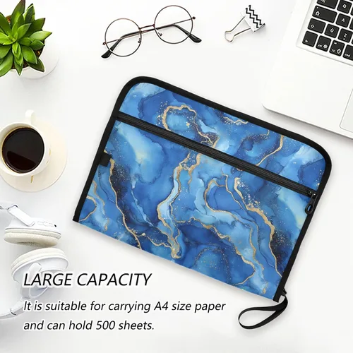 Vista 6 de Carpeta de archivos expandible repelente al agua de mármol azul con 13 bolsillos, organizador de acordeón con bolsillo frontal con cremallera
