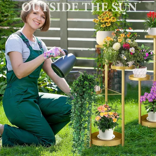 Vista 5 de Matekxy Soporte de metal para plantas para interiores y exteriores, con 4 soportes para macetas, estantes altos de esquina para plantas, estantes