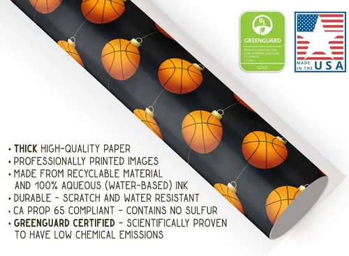 Vista 4 de Bonito papel de regalo de baloncesto grueso, adorno de Navidad, decoración de fiesta de vacaciones (rollo de 6 pies x 30 pulgadas)