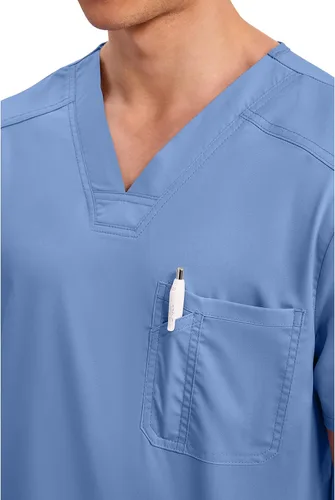 Vista 2 de Cherokee Camisa quirúrgica para hombre con cuello en V para meter dentro, un bolsillo en el pecho, ranura para bolígrafo, tela ultra suave
