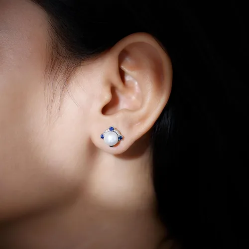 Vista 3 de Mother's Day Gifts for Mom, Pearl Halo Stud Earrings for Women, 7MM Freshwater Pearl, 925 Sterling Silver White Pearl Earrings with Blue Sapphire