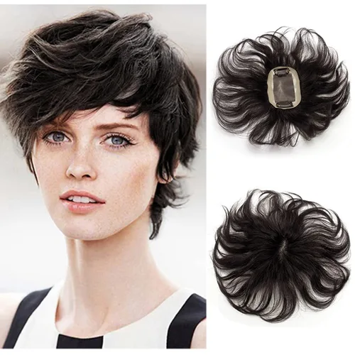 Vista 10 de Extensiones de cabello humano con base monofónica tejida a mano, 7 pulgadas, cabello ondulado corto, 2.8 x 3.9 in, parte libre, área pequeña De