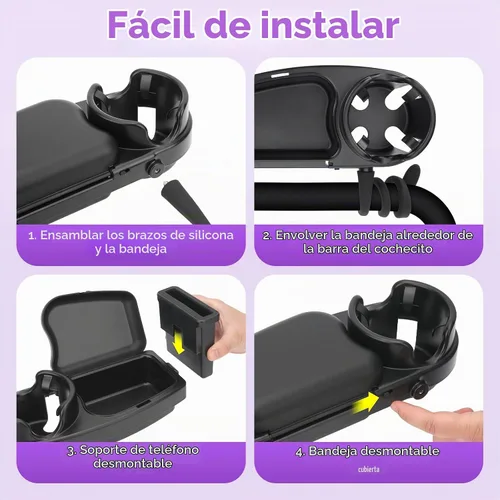 Vista 5 de Bandeja universal para refrigerios para cochecito, 3 en 1 soporte