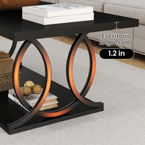 Vista 4 de BECHAEO Mesa auxiliar industrial moderna para sala de estar, 41.7 pulgadas, parte superior rectangular de madera gruesa con patas de arco de metal