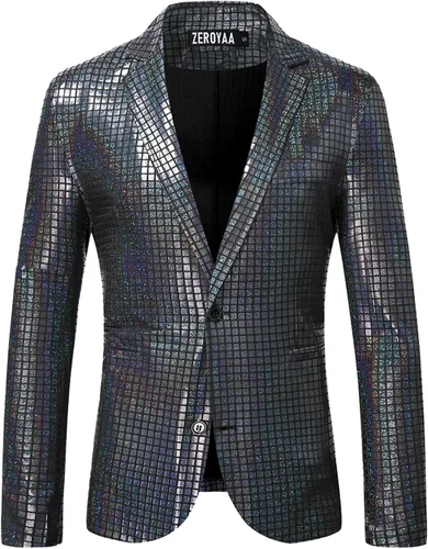 Vista 2 de ZEROYAA Trajes metálicos brillantes para hombre, blazer y pantalones de lentejuelas de disco de 2 piezas para fiesta de graduación